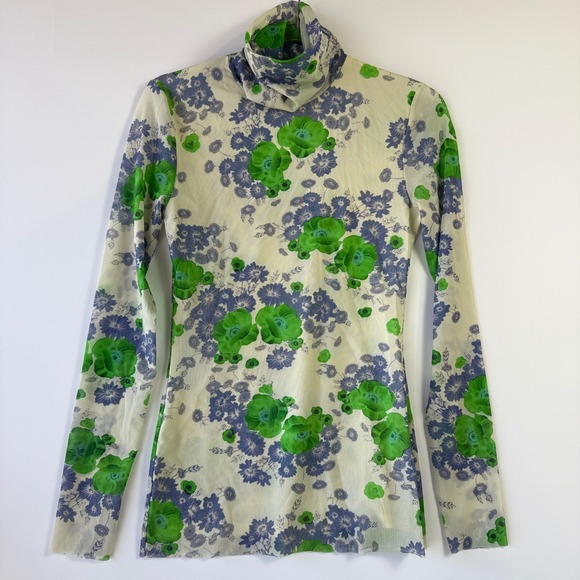 Ganni Tops - Ganni Floral Mesh Turtleneck Top Women Size 36 Green Purple Sheer Long Sleeve EX